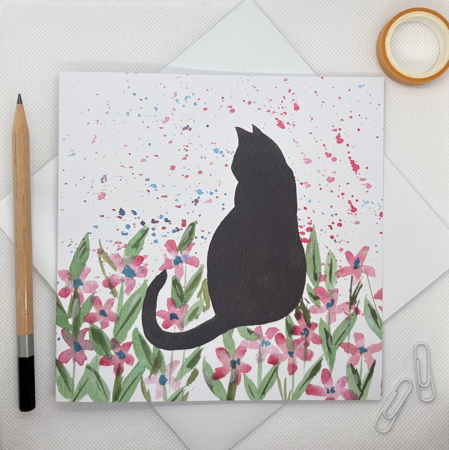 Cat Shadow in pink flowers Greetings Card