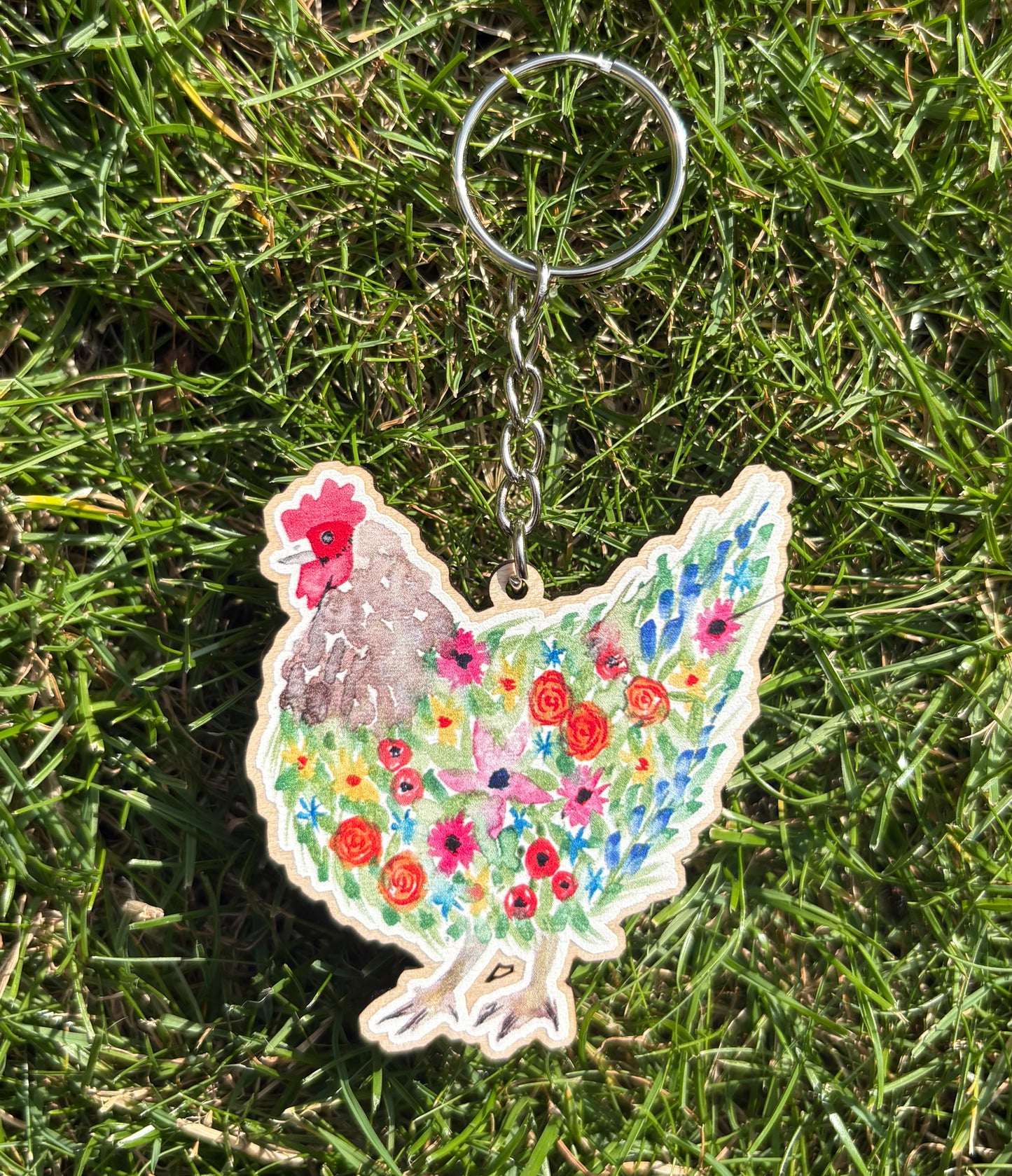 Floral Chicken Keyring/Keychain