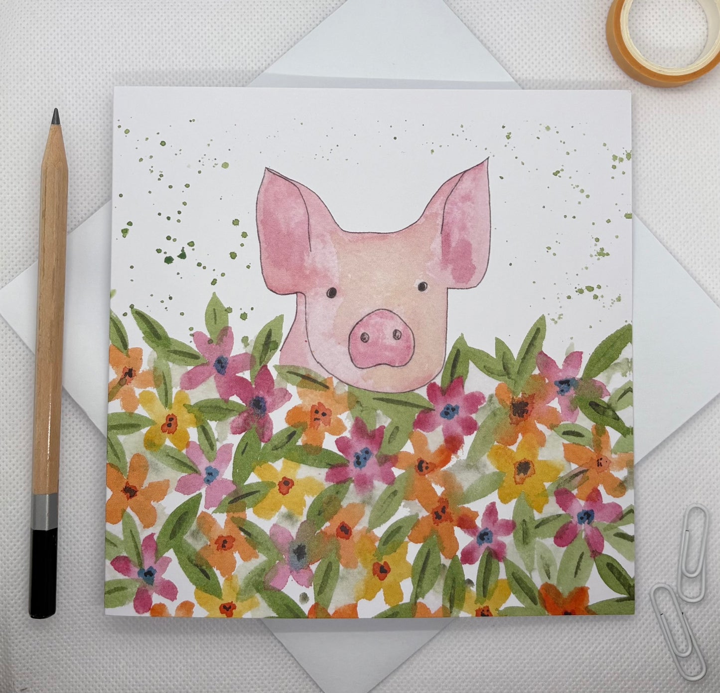 Flowery Field with Pig Greetings Card