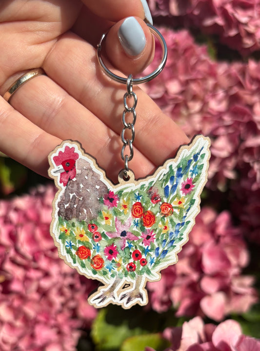 Floral Chicken Keyring/Keychain